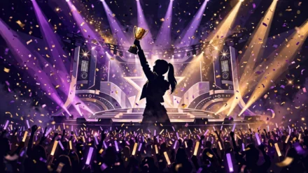 2026 MTV VMA 베스트 팝 트로피를 들어올리는 K팝 스타 컨셉 일러스트
