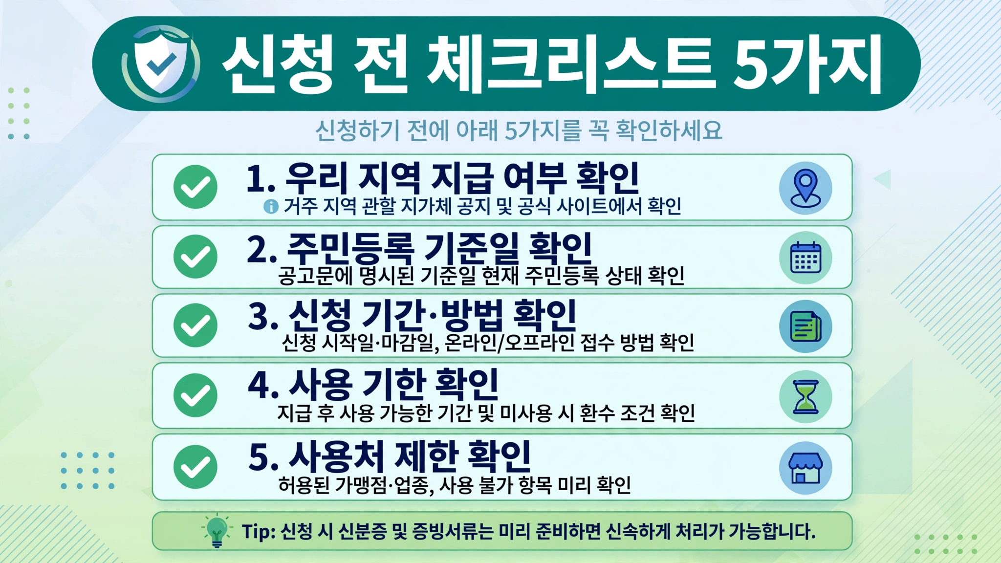 신청 전 체크리스트 5단계를 도식화한 인포그래픽 일러스트