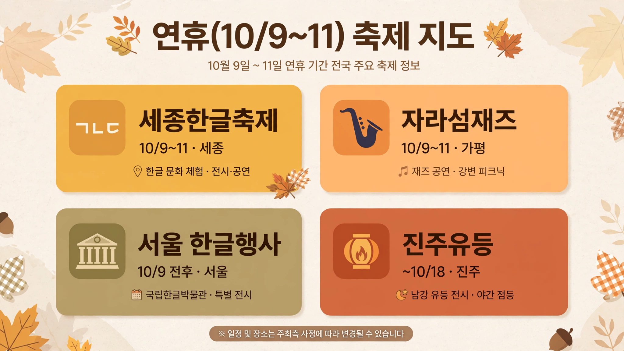 한글날 연휴 기간 축제 지도 인포그래픽