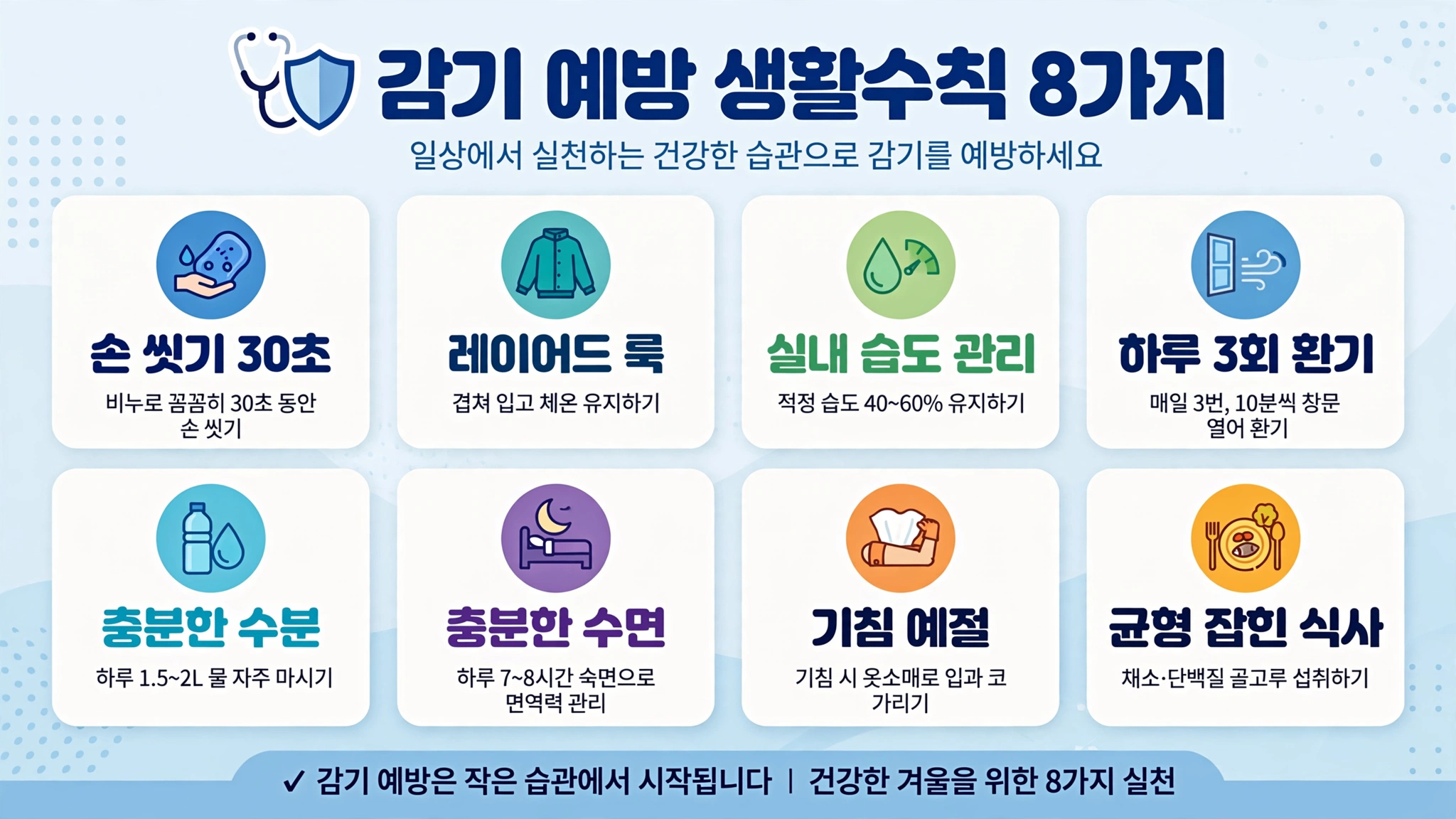 감기 예방 생활수칙 8가지 인포그래픽