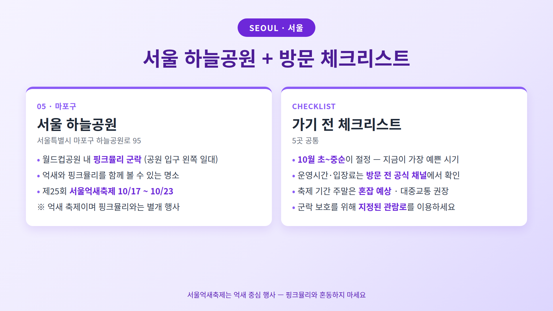 서울 하늘공원과 방문 체크리스트 인포그래픽 — 하늘공원 핑크뮬리 군락 안내와 5곳 공통 방문 체크리스트
