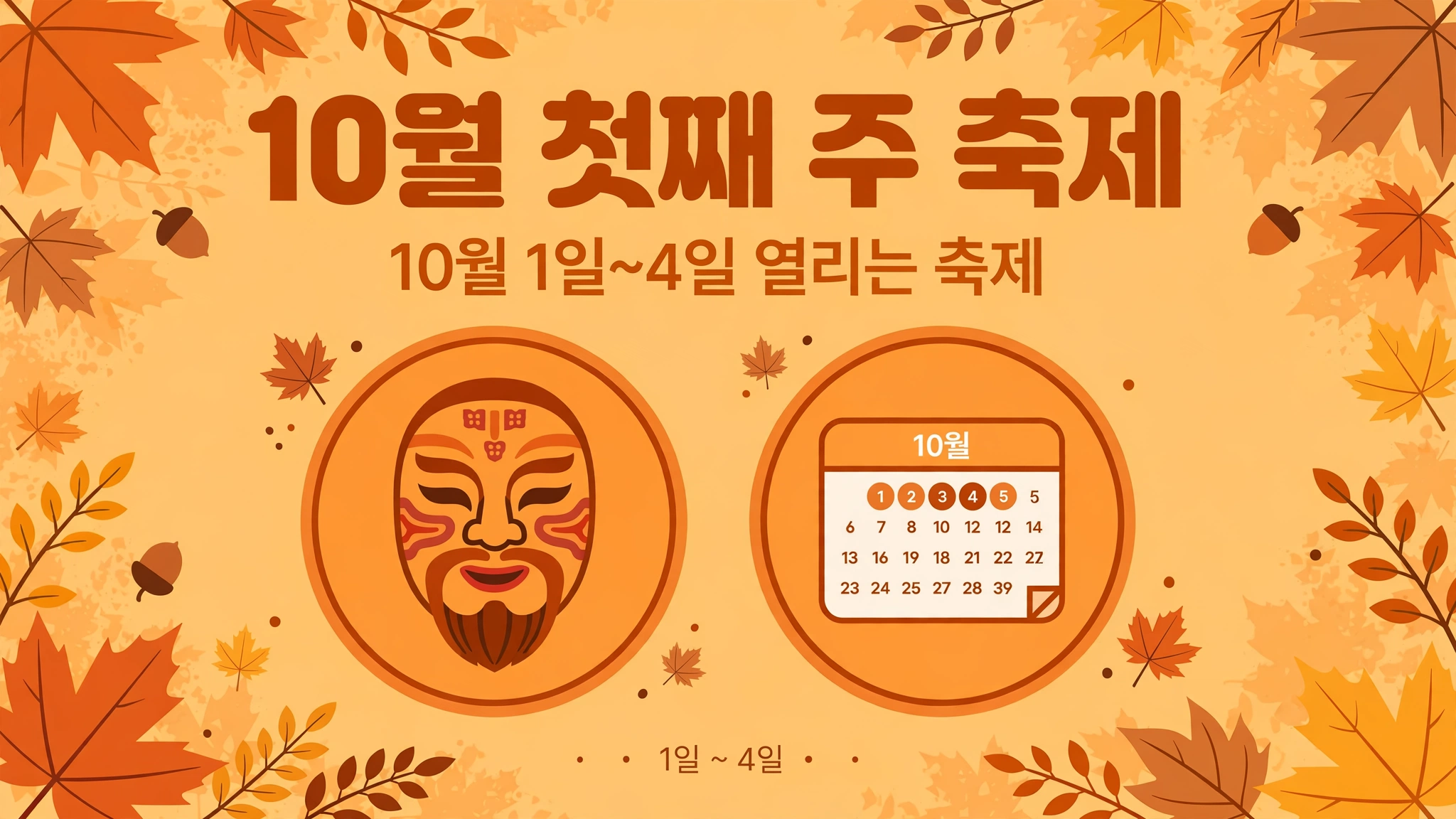 10월 첫째 주 축제 인포그래픽 — 안동국제탈춤페스티벌 9/24~10/4, 금산세계인삼축제 10/2~10/11, 진주남강유등축제 10/3~10/18, 수원화성문화제 10/4~10/11