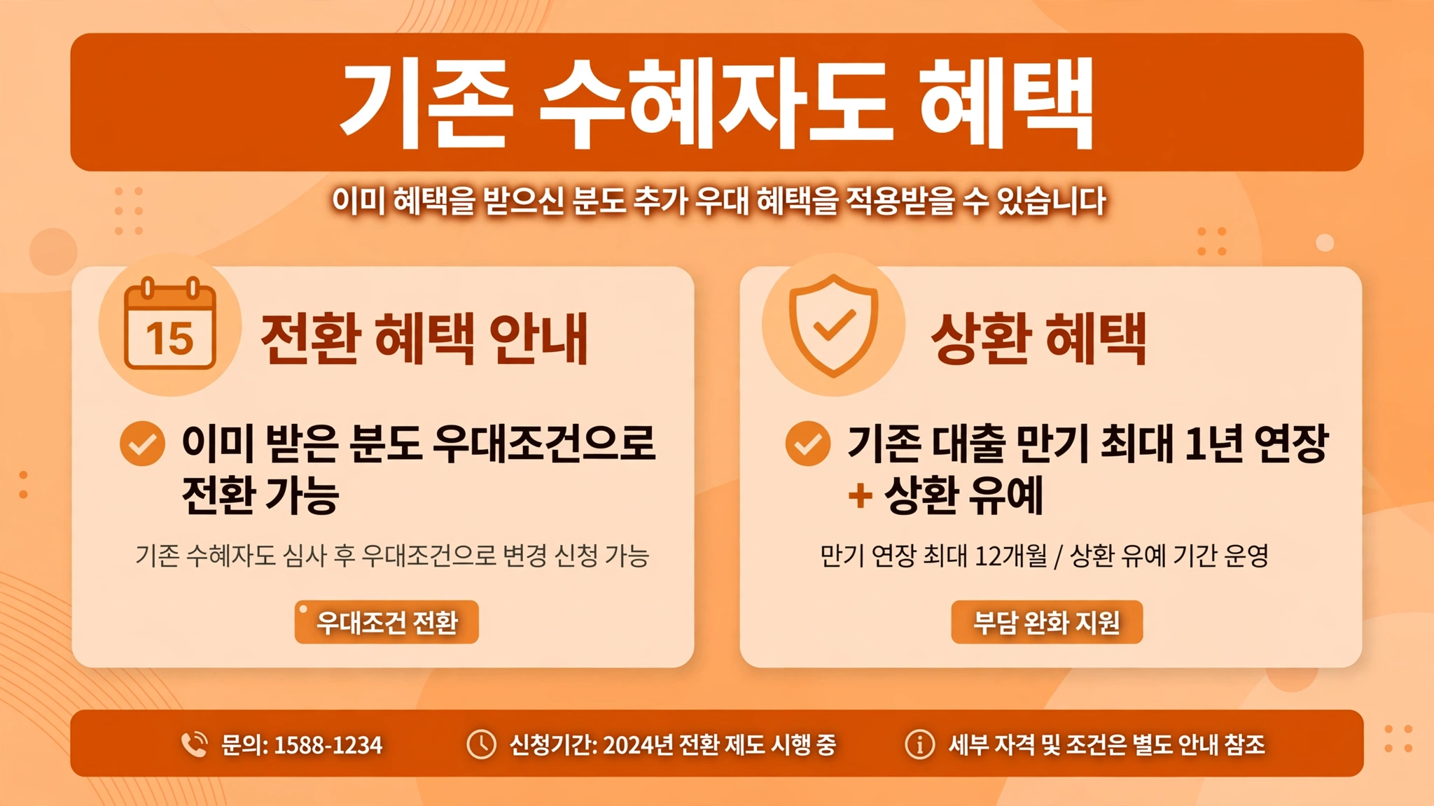 기존 수혜자 우대조건 전환과 만기연장 안내 인포그래픽