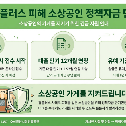 홈플러스 피해 소상공인 정책자금 만기연장 핵심 내용을 정리한 인포그래픽